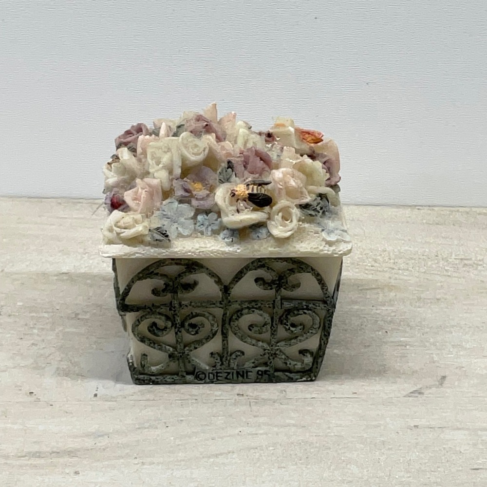 Vintage Dezine 1993 Hand Painted Floral Trinket Box Bee Ladybug Garden Rose